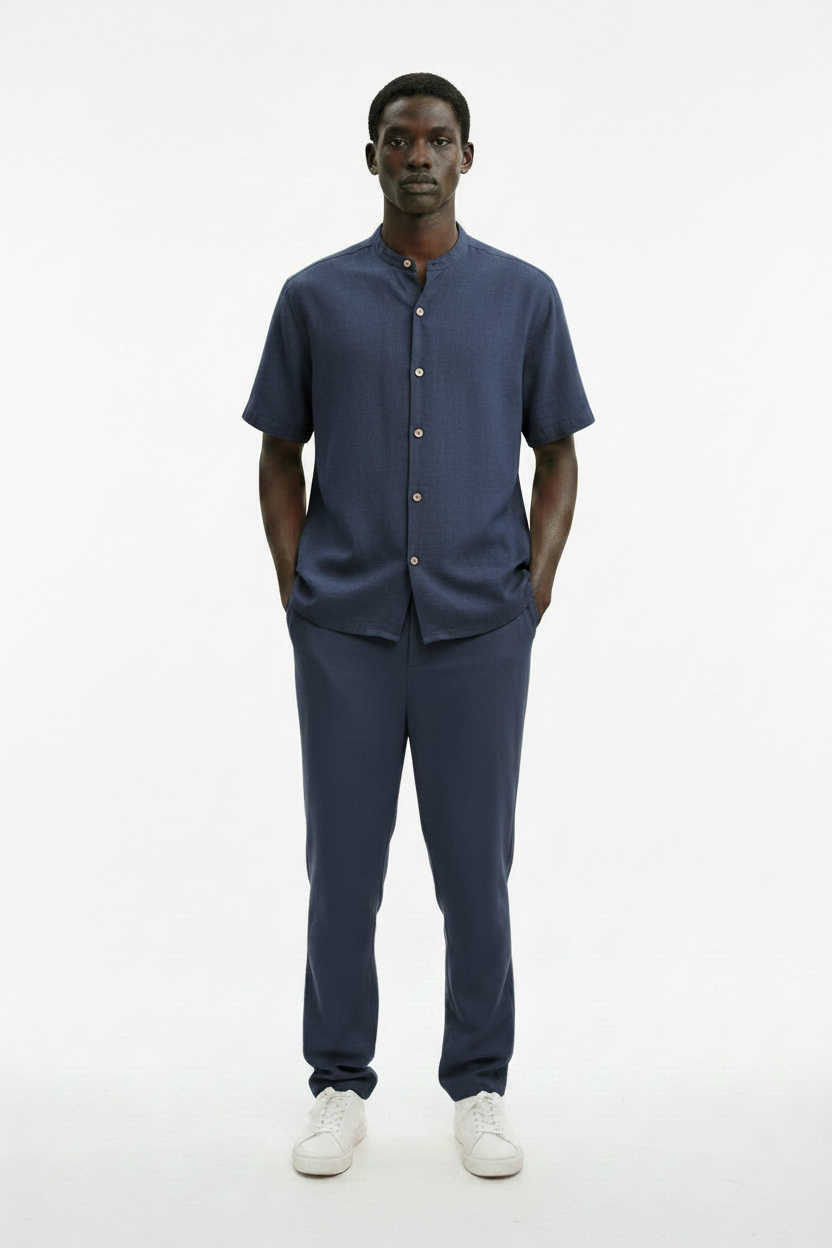 Navy Blue Linen Set on Black Model